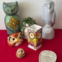 MCM Gemma Taccogna Papier Mache Green Owl, Northern Pottery Modern Gray Owl, Chadwick Owl owl plaque