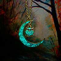 Moon And Owl Necklace Glow In The Dark Antique Silver - Glows Aqua