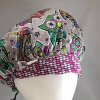 OWLS WHOTTY WHOTT are you Bouffant Scrub Hat/Cap/Owl Patter in Multi Greens/Gray/Purple/front purple