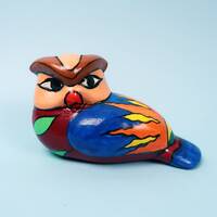 OWL Figurine - Vintage Ceramic Folk Art - Small Flower Sun Bird Design Motif - Retro BOHO Colorful P