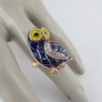 Plique a Jour Owl Ring, CZ, Size 7.5, Enamel Jewelry, Animal, Halloween Bird, Bird of Prey, Barn Owl