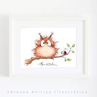 Cute Owl Art PRINT, Owl funny illustration, Owl Wall Decoration, Owl Watercolor Art, Owl and Ladybug