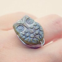 Owl Ring, Opaque Owl Czech Bead Ring. Owl Green Ring, Owl Tribal Boho Rings, To Order, Animal Jewelr