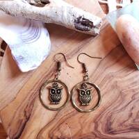 Handmade Bohemian Hippie Owl with Full Moon on a Hoop Boho Bronze Dangling Drop Earrings