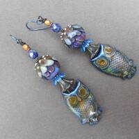 Lampwork Glass Owl Earrings: Polymer Clay, Niobium Boho Earrings
