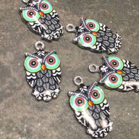 Colorful Black and White Owl Charms with Aqua and silver finish Package of 5 charms for jewelry maki