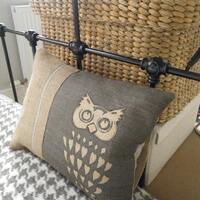 hand printed rustic soft charcoal owl cushion cover