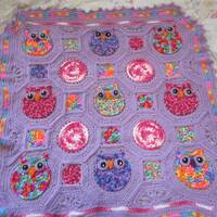 Lavender Pinks Purples Owl Obsession Hand Crocheted Baby Afghan NO BUTTONS Throw Blanket  Free Shipp