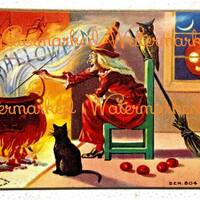 Vintage Halloween, Witch at Fire Stirring Cauldron, Owl & Black Cat, Digital Download.
