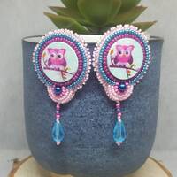 Bead Embroidery Earrings With Owls in Pinks and Blues with Stainless Steel Posts - Handmade, OOAK, U
