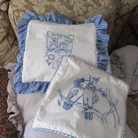 12" x 12" Vintage Kitten and Owl Couple Embroidered Pillow Covers