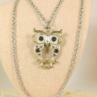Vintage '80s Rhinestone Owl Necklace: Silver Tone Bird Pendant