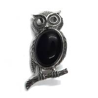 Genuine Sterling Silver Brooch Owl With Black Onyx Solid Hallmarked 925