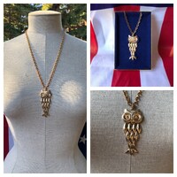 Never Worn NIB Vintage Gold Tone Articulated Owl Pendant Necklace In The Original Box Dated 1974 ~ A