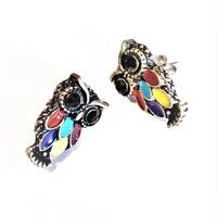 Jeweled Owl Earrings for Pierced Ears Silver Tone Metal Black Rhinestone Eyes Jewel Tone Enamel Red 