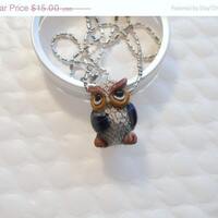 Owl Necklace , Blue Wings, Ceramic Owl, Rhodium Plated Chain