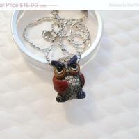 OWL NECKLACE, Pink Wings, Ceramic Owl, Rhodium Plated Chain