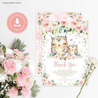 EDITABLE Owl Thank You Card. Blush Pink Floral Owl Baby Shower Printable. Girl Woodland Forest Favor