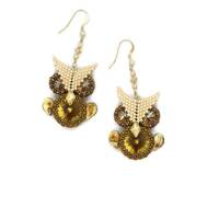 Handmade Seed Bead Owl Earrings: Swarovski Crystal Rivoli Gems