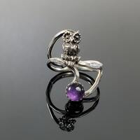 Sterling Silver Owl and Amethyst Double Band Ring