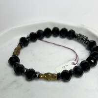 Handmade black crystal stretch bracelet with two owl charms, size 7