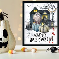 Happy Halloween Poster Decoration, PRINTABLE Wall Art For Halloween, Unique Owl Halloween Print, DIG