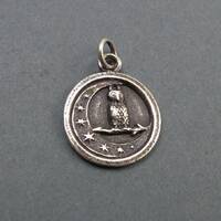 Owl and Moon Charm, Sterling Silver Owl Pendant, Owl Talisman, Owl Amulet, Seven Stars Pendant, Mini