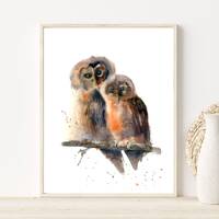 Owl Print, Watercolor Painting, Two Brown Birds Painting, Woodland Fine Art Print, Cottagecore Wall 