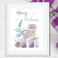 Merry Owlmas Christmas Print, DIGITAL Owl Art Printable, Christmas Home Decor, Pastel Christmas Deco