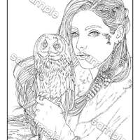 Beautiful girl & owl winter portrait fantasy coloring page by Maria J. William, instant PDF down