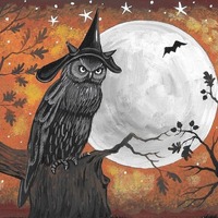 ACEO Owlwitch RYTA Halloween owl witch full moon bat cats night sky Autumn Fall interior home house