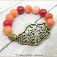 Red Dyed Jade Owl Bracelet, Boho Chic Gemstone Bracelet, Owl Lover Gift, Fall Themed Jewelry, Nature