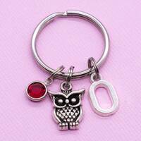 Owl Keyring, Crystal Birthstone, Initial Letter Personalised Jewellery, Nocturnal Forest Animal Key