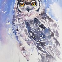 Eagle Owl Original Watercolor Painting Wall Art Owl Painting