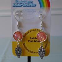 Orange Iridescent Cab with Silver Owl Charm Earrings