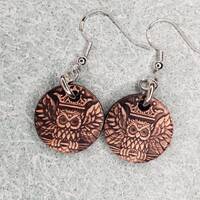Antiqued Copper Owl Earrings - Copper Coin Earrings - Copper Drop Earrings - Wise Owl Earrings - Cop