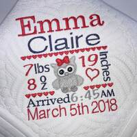 Heirloom Baby Quilt, Embroidered Personalized Baby Girl Owl Birth Statistics Blanket, Baby Keepsake 