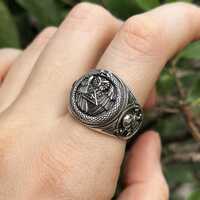 Ouroboros Ring STERLING SILVER 925 Owl All Seeing Eye Pyramid Sacred Ancient Symbol Skull and bones 