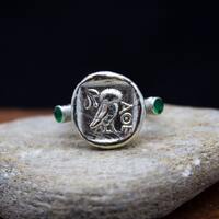 Greek Owl Coin Signet Ring | 925 Sterling Silver | Athena Owl Ring | Ancient Art Jewelry | Handcraf