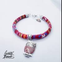 Fabric Cord Bracelet, Silver Owl Charm, Holiday Jewelry