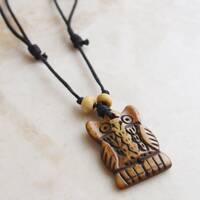 Owl Bone Necklace &bull; Hand Carved Cute Pendant Adjustable Cotton Cord &bull; Boho Traveller Unise