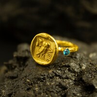 Greek  Owl Coin Signet Ring | 24K Gold Plated 925 Sterling Silver | Athena Owl Coin Ring | Rome Art 