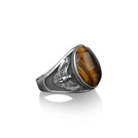 Owl with spread wings tiger's eye gemstone men ring, 925 sterling silver signet ring for men, Ha