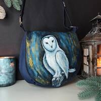 Custom fairy hand painted flap shoulder owl bag for women, owl crossbody purse, unique cloth saddle 