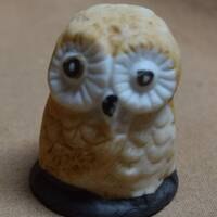 Vintage Hand Painted Owl Bisque / Porcelain Sewing Thimble Miniature Figurine