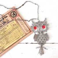 Vintage 1970s Owl Necklace / 70s Statement Necklace with Large Owl Pendant / Figural Owl Pendant