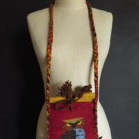 70s Woven Owl Purse Hand-Loomed Wool Weaving Vintage Boho Small Shoulder Bag