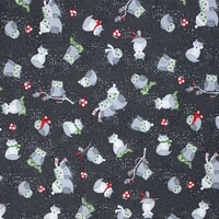 Whimsical Woodland Owl fabric, Christmas foxes on charcoal, mushrooms cotton woven, Winter Gnomes co
