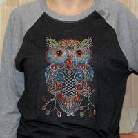Rhinestone Colorful Owl Retro Raglan Unisex Shirt for Ladies