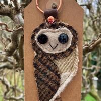 Handmade Tweed Barn Owl Keyring: Vintage Leather Backed Keychain